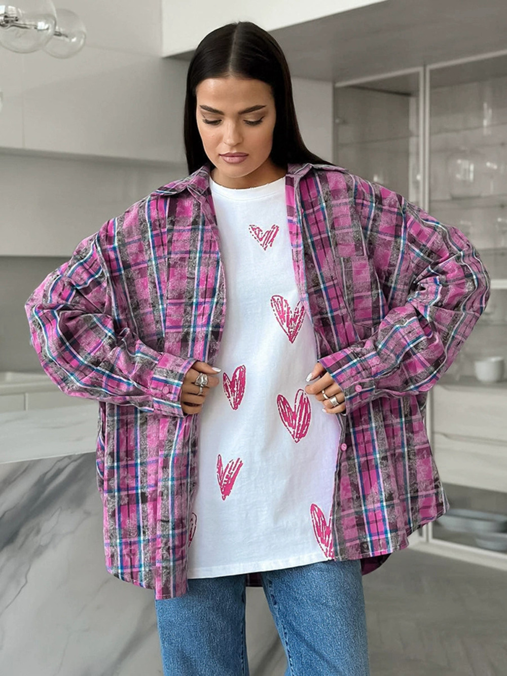 Forever 21 Retro Washed Dopamine Pink Plaid Oversized Longline Layering Shirt